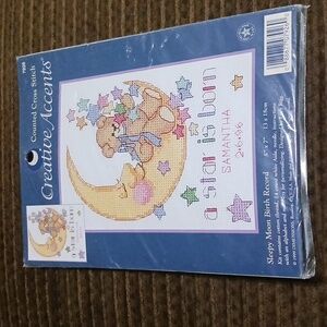 Cross Stitch Birth Announcement Kit Sleepy Moon  record bear stars NIP